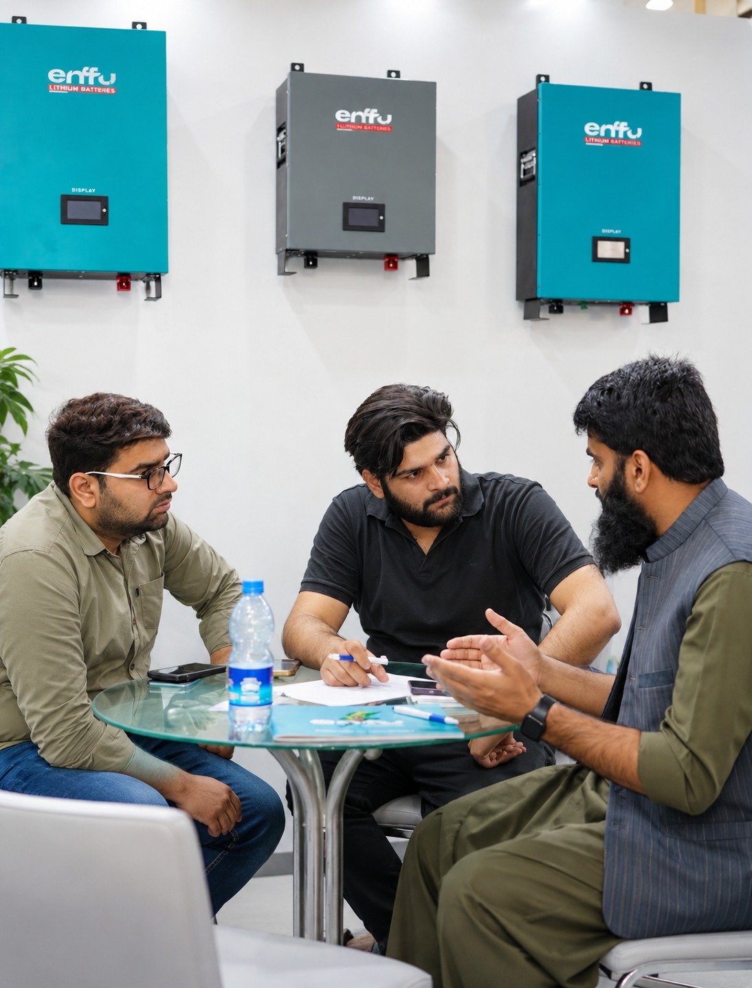 Meeting with clients beneath wall-mounted Enfu batteries