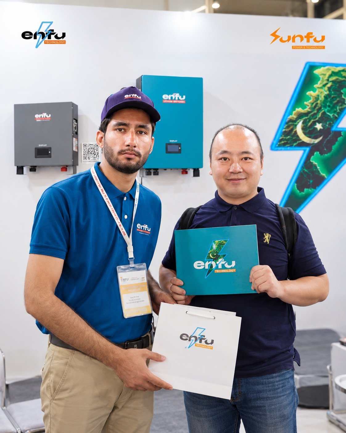 Enfu team member with a visitor holding the Enfu catalogue