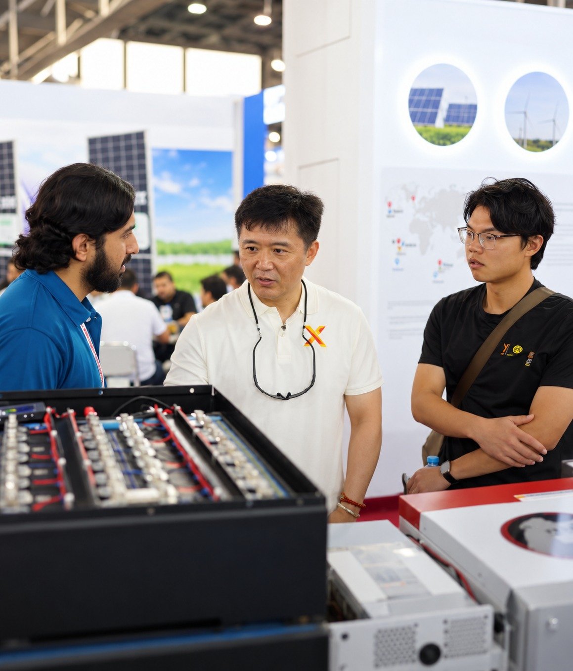 Talking with partners over an open battery pack at an exhibition