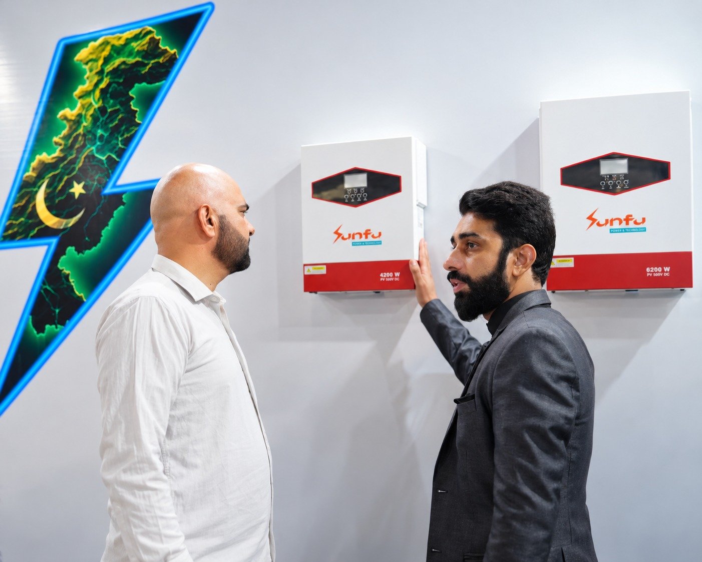 Product discussion in front of wall-mounted inverters
