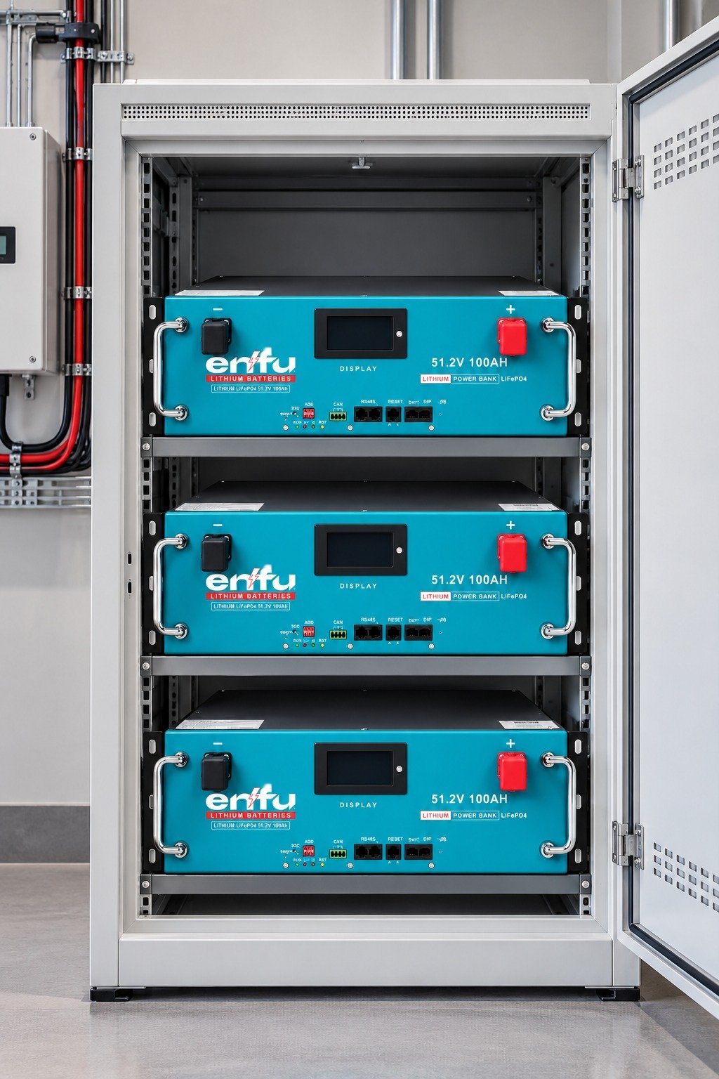Three Enfu 51.2V rack batteries in an open cabinet