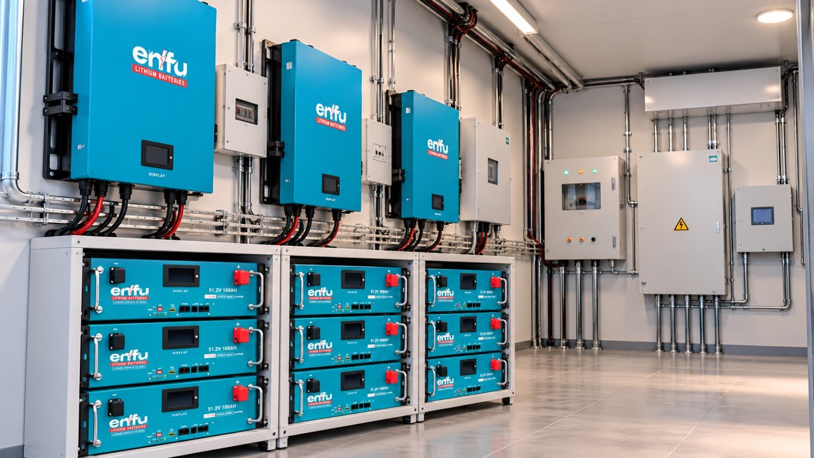 Rows of Enfu rack batteries and wall batteries in a commercial battery room