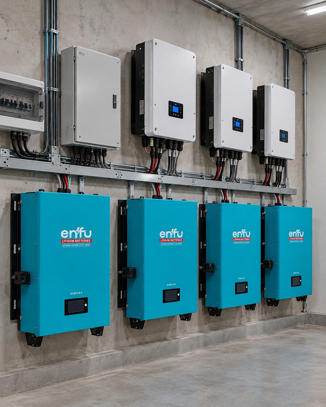 Four Enfu wall batteries under their inverters in a plant room