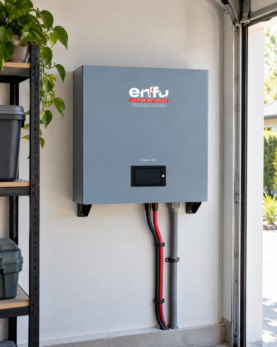 Enfu 25.6V wall battery in a home garage