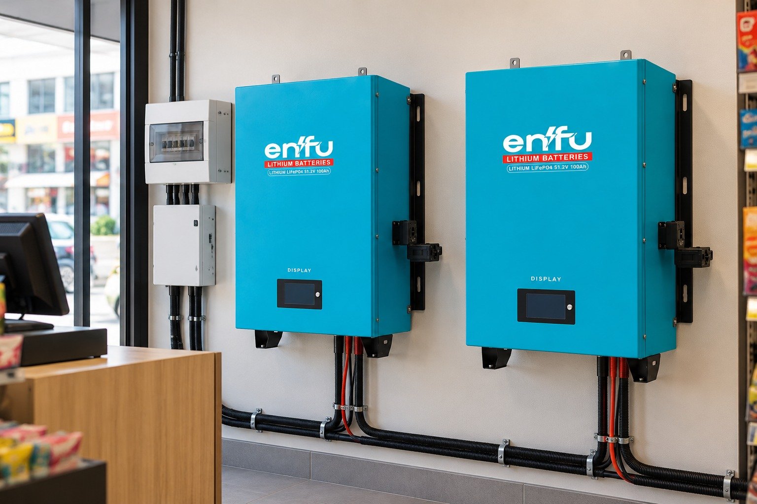 Two Enfu wall batteries behind a shop counter
