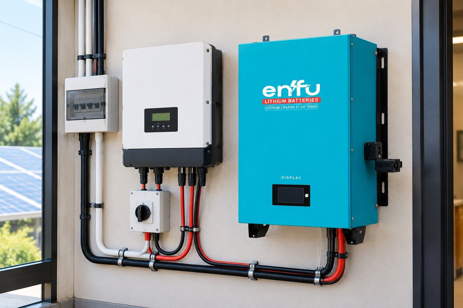 Enfu 51.2V wall battery beside a solar inverter