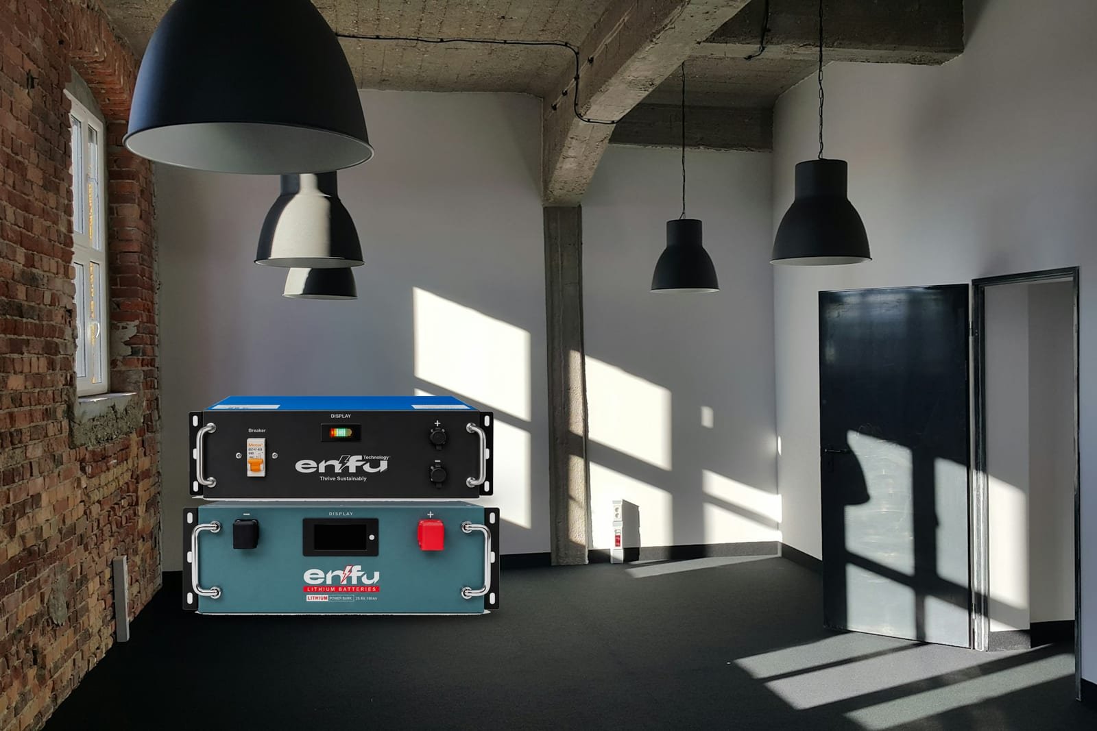 Two Enfu rack batteries stacked in an office