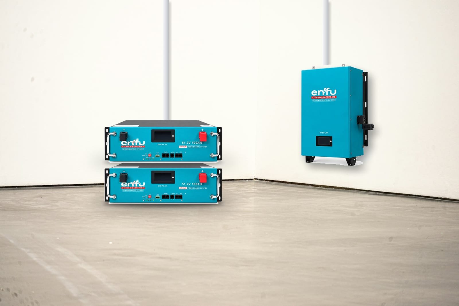 Enfu rack batteries and a wall battery in a storage room